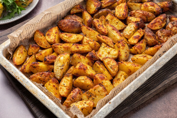 Roasted potatoes. Baked potato wedges in frying tray on dark stone background