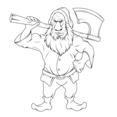 Naklejka premium Gnome with an axe. Vector illustration fantasy people. Sketch garden dwarf with beard in hat