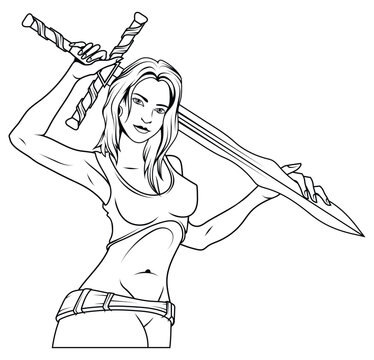 recommend clip art: Woman with a sword. Vector illustration sketch of  valkyrie. Princess warrior with sword