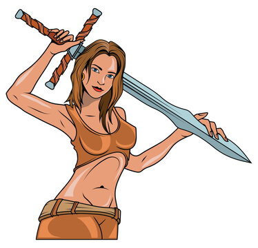 recommend clip art: Woman with a sword. Vector illustration of  valkyrie. Princess warrior with sword.