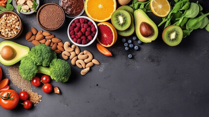 Healthy food selection: fruit, seeds, superfood, cereal, leaf vegetable on gray concrete background, top view