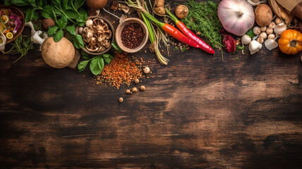 Spices and vegetables on wooden table background, top view background with copy space - obrazy, fototapety, plakaty