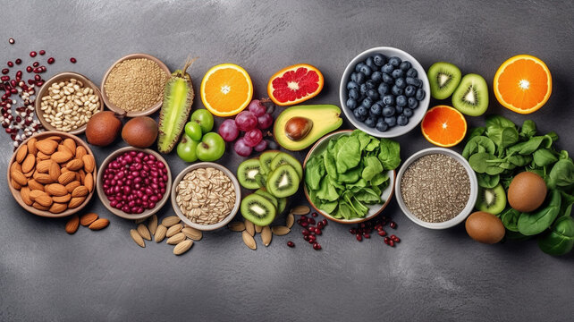Healthy food selection: fruit, seeds, superfood, cereal, leaf vegetable on gray concrete background, top view