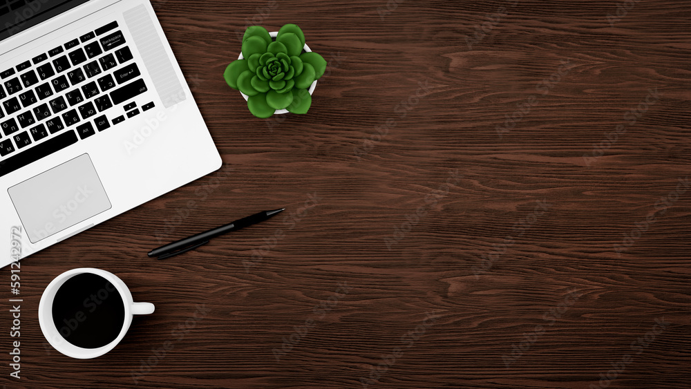 Poster office table and computer concept, background top view with office supplies, wooden table with offis