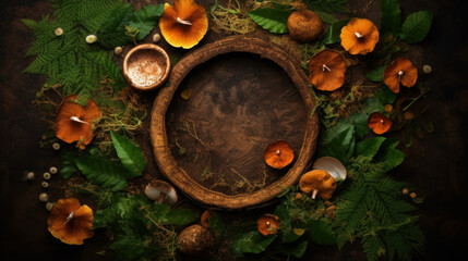 Obraz na płótnie Canvas autumn background from branches, leaves and mushrooms on a wooden board, in the center there is an empty place for a dish. Created by AI.