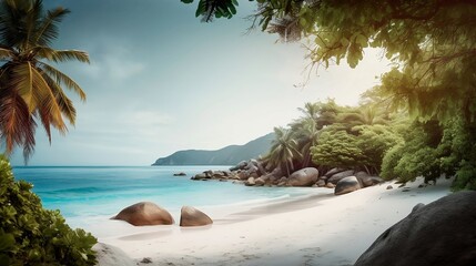 Fototapeta na wymiar Beautiful photorealistic summer tropical beach, background Created using generative Ai