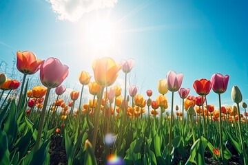 Lots of tulips in the sun, colorful, and light-filled. Generative AI.