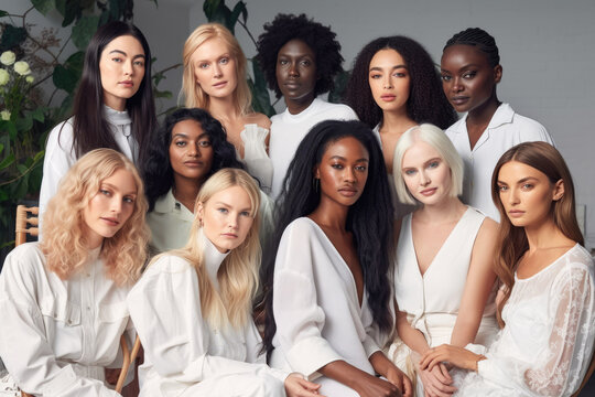 Many beauty, natural and diversity models, friend group indoors for luxury cosmetics. Fashion and inclusion concept. Generative AI.