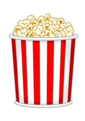 Popcorn in paper striped bucket. Illustration of snack food in cartoon style.