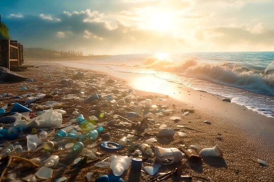 view sunny beach on the shore plastic trash thrown by the waves on the seashore. Generative AI