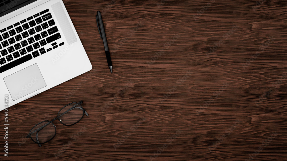 Poster office table and computer concept, background top view with office supplies, wooden table with offis