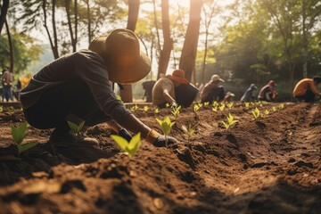 Many Hispanic Latin non recognizable people planting trees. Environmental friendly. Sustainable. Generative AI.