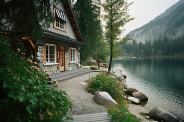 Fototapeta na wymiar Cottage at mountain lake in forest. Generative AI