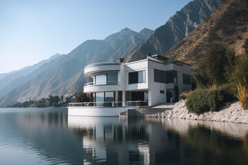 Fototapeta na wymiar Modern Scandinavian style concrete and glass house design on a mountain lake. Generative AI