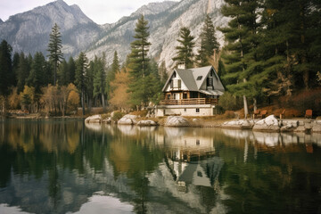 Fototapeta na wymiar House on the lake. Generative AI