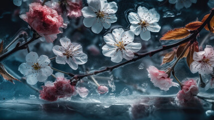 frosty background of sakura flowers with pieces of ice, a variety of weaving branches and delicate flowers of Japanese cherry. Generative AI.
