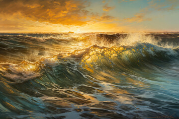 Summer scene at seascape with beautiful sundown on the horizon during golden hour. Generative AI