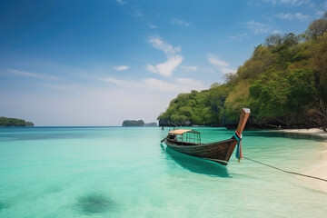 Fototapeta na wymiar Tropical islands beach with one longtail boat. Generative AI