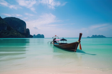 Plakat Thai traditional wooden longtail boat and beautiful sand beach. Generative AI