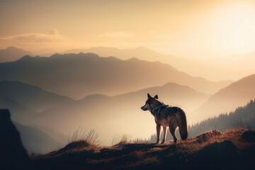 Fototapeta na wymiar Wolf silhouette, beautiful mountain sunrise landscape background. Generative AI