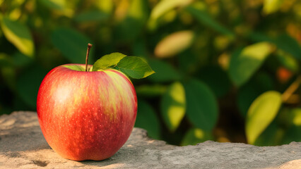 closeup of a red apple with small leaf on blury backgrund with some leafs, generative AI