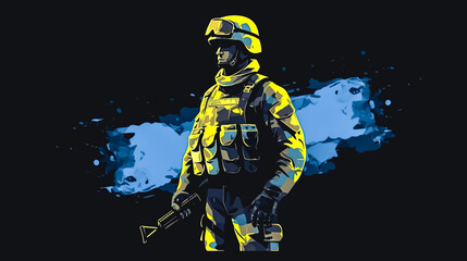 Naklejka premium Illustration of a brave Ukrainian soldier, generative AI.