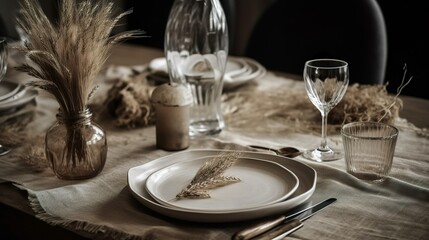Rustic and bohemian style table decor, AI generated 