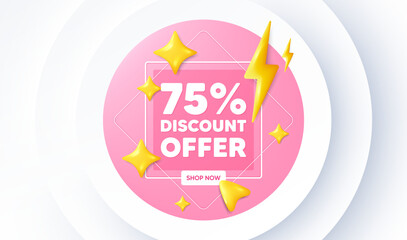75 percent discount tag. Neumorphic promotion banner. Sale offer price sign. Special offer symbol. Discount message. 3d stars with energy thunderbolt. Vector