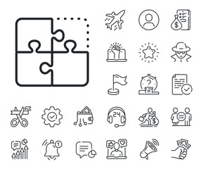 Engineering strategy sign. Salaryman, gender equality and alert bell outline icons. Puzzle line icon. Puzzle line sign. Spy or profile placeholder icon. Online support, strike. Vector