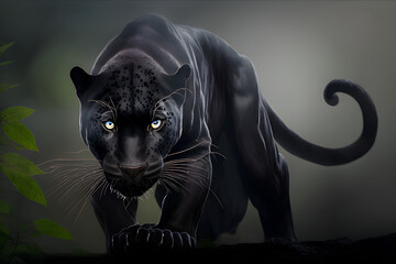 Black panther on a hunt in the jungle. AI generated illustration. - obrazy, fototapety, plakaty