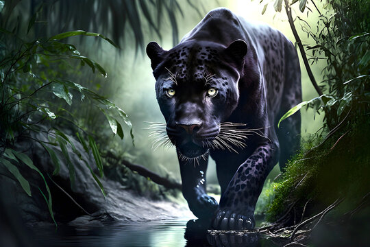Black jaguar hunting in the jungle. AI generated illustration.
