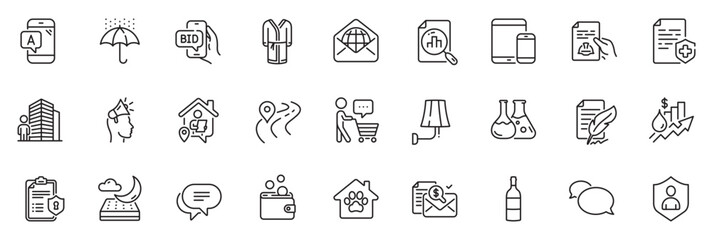 Icons pack as Bathrobe, Technical documentation and Ab testing line icons for app include Feather signature, Security, Wall lamp outline thin icon web set. Brand ambassador, Bid offer. Vector