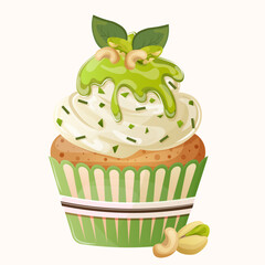 Eco green pistachio cupcake with white cream, sprinkles, green topping, nuts and mint leaves. Cute cartoon healthy muffin with cashew and pistachio. Illustration for confectioner or pastry shop