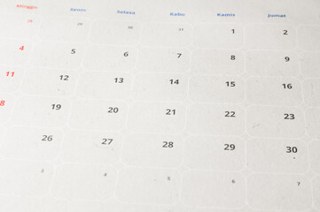 names of the days from Sunday to Friday and the dates of a month in a calendar