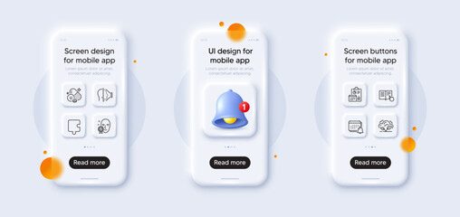Vitamin u, Face id and Notification line icons pack. 3d phone mockups with bell alert. Glass smartphone screen. Read instruction, Puzzle, Report web icon. Face verified, Co2 gas pictogram. Vector