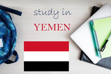 Study in Yemen. Background with notepad, laptop and backpack. Education concept.