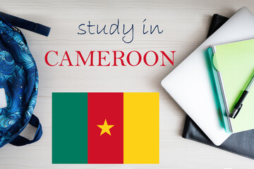 Study in Cameroon. Background with notepad, laptop and backpack. Education concept.