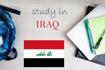 Study in Iraq. Background with notepad, laptop and backpack. Education concept.