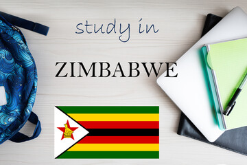 Study in Zimbabwe. Background with notepad, laptop and backpack. Education concept.