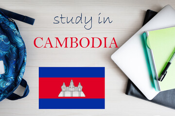 Study in Cambodia. Background with notepad, laptop and backpack. Education concept.