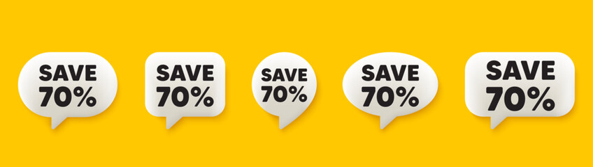 Save 70 percent off tag. 3d chat speech bubbles set. Sale Discount offer price sign. Special offer symbol. Discount talk speech message. Talk box infographics. Vector