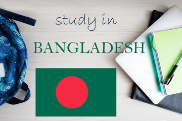 Study in Bangladesh. Background with notepad, laptop and backpack. Education concept.