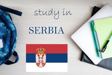 Study in Serbia. Background with notepad, laptop and backpack. Education concept.