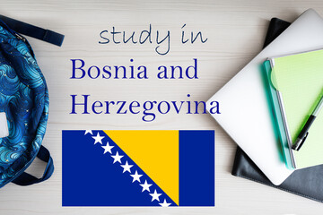 Study in Bosnia and Hezegovina. Background with notepad, laptop and backpack. Education concept.