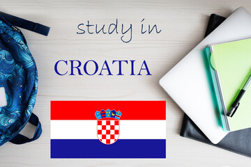 Study in Croatia. Background with notepad, laptop and backpack. Education concept.