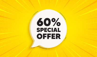 60 percent discount offer tag. Speech bubble sunburst banner. Sale price promo sign. Special offer symbol. Discount chat speech message. Yellow sun burst background. Vector