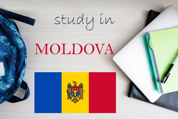 Study in Moldova. Background with notepad, laptop and backpack. Education concept.