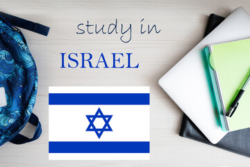 Study in Israel. Background with notepad, laptop and backpack. Education concept.