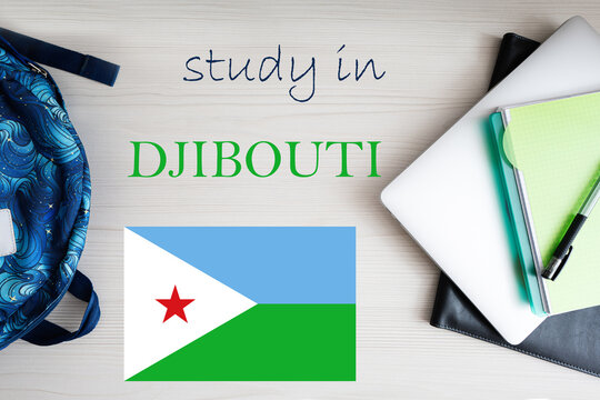 Study in Djibouti. Background with notepad, laptop and backpack. Education concept.