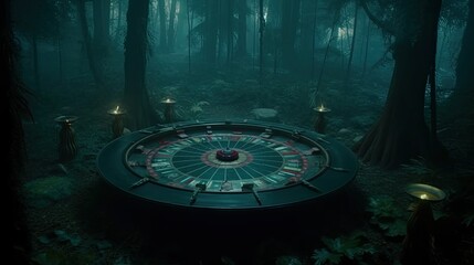 Casino Roulette inside a dark forest during the night